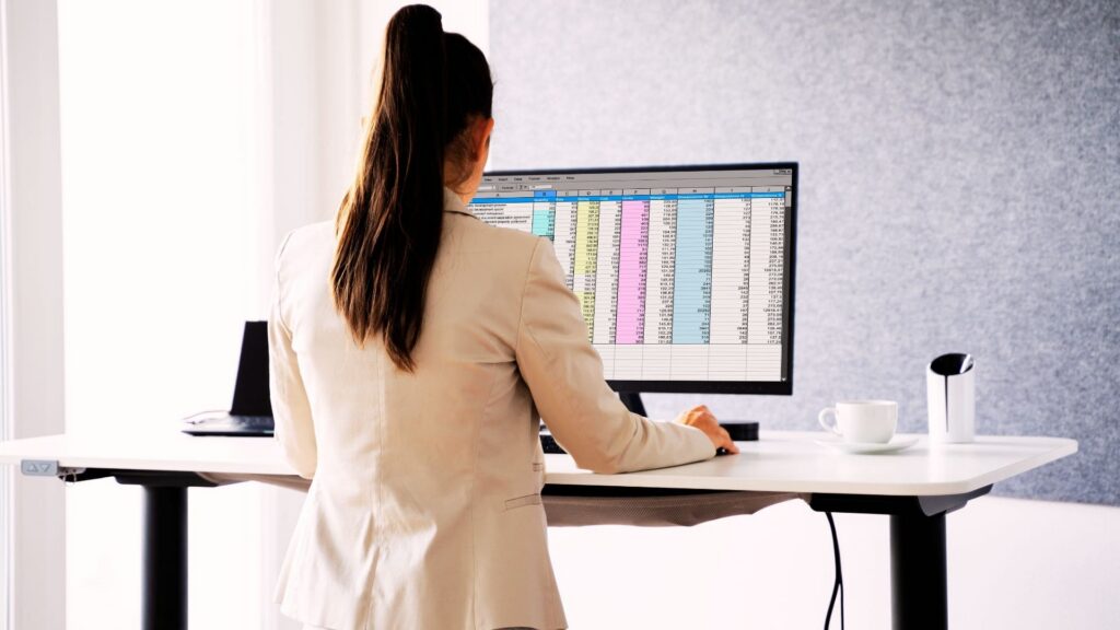 Frau, Arbeit, ergonomie, Schreibtisch